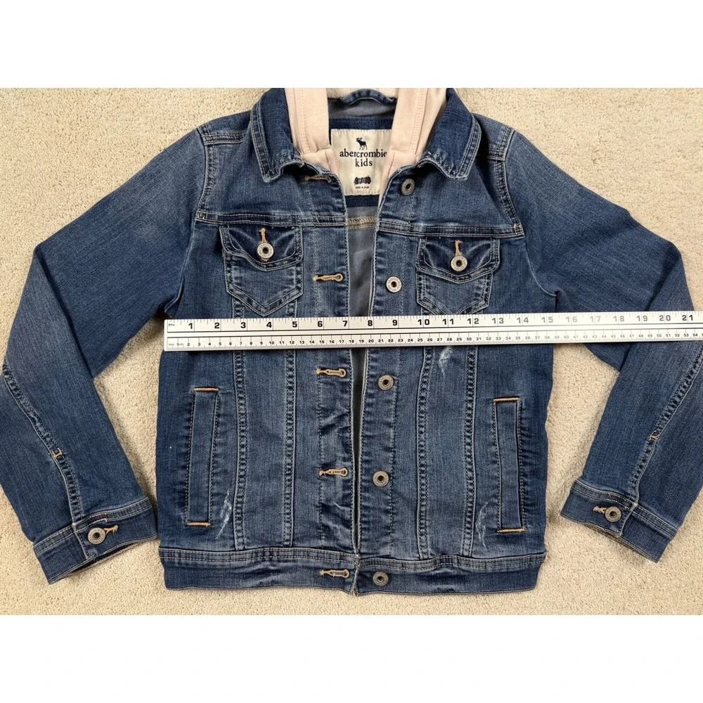 ABERCROMBIE Girls Size 9/10 Hooded Lined Blue Denim Trucker Jean Jacket #1522